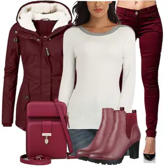 Outfit mit Lila/Rot/Dunkelrot/Bordeaux Winterschuh/Klassische Stiefelette/Winter Stiefelette/Lederjacke/Leder Stiefelette/Gefütterte Stiefelette/Chelsea Boot Elara "Modisches Outfit"