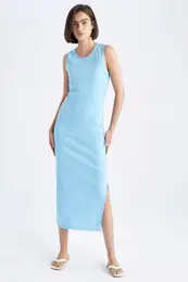 bodycon Pletena obleka brez rokavov Midi s kratkimi rokavi