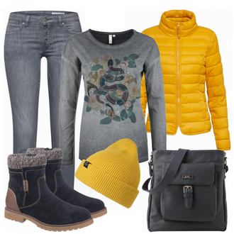 Outfit mit Blau Stiefel Tom Tailor "yellow"