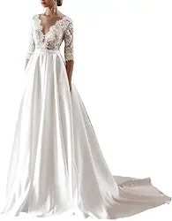 HUINI Damen Brautkleider Hochzeitskleider Standesamtliche Lang Satin Strand Brautkleid A-Linie Spitzen Brautmode mit Schleppe Weiß 36