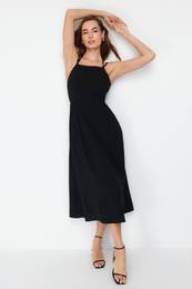 Black Skirt Waist Open Back Detail Midi Woven Dress