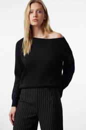 Black Wool Boat Neck Basic Knitwear Sweater