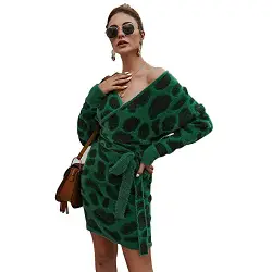 Yatrendy Damen Minikleider Langarm Freizeitkleid Leopard Herbstkleid Elegant Strickkleid Rückenfrei V-Ausschnitt Kurz Kleid mit Gürte (Grün, M)