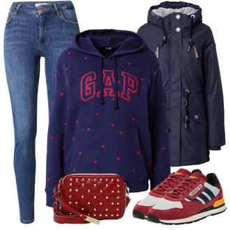 Outfit mit Blau/Dunkelblau/Hellblau Lederjacke/Damen 7/8-Länge Jeans/High Waist Jeans/Jeans mit Schlitz/Push up Jeans/Schlupfjeans/Leder Schuhe/Winterjacke Vila "Perfekt für den Winter"
