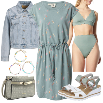Outfit mit Grün/Türkis/Hellblau T-Shirt Kleid/Sommerkleid/Etuikleid/Bedrucktes Kleid/Nicki Kleid/Jerseykleid/Kleid mit Tasche/Lässiges Kleid/Kleid mit Gürtel/Kleid Große Größe/Tunika Ragwear "Sommerliche Bekleidung"