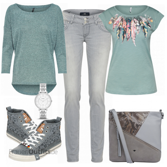 Outfit mit Türkis/Grün/Hellblau 3/4 Bluse/Klassische Tunika/Elegante Tunika/ausgefallene tunika/Festliche Tunika/Lederjacke/Tuniken-Shirt/Shirt & Top Große Größe/Tunika Only "Only Shirt"