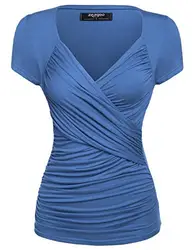 Zeagoo Damen Sommer Sexy T-Shirt V-Ausschnitt Kurzarm Tunika Shirt mit Falten Blusen Oberteile, 1_blau, S