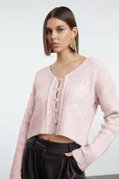 Pink Soft Textured Tie Detailed Knitwear Cardigan
