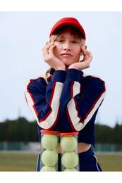 Zippered Crop Sweatshirt Stand Collar Striped Color Block Interlock