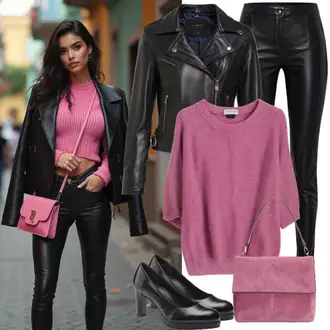 Outfit s Růžová/Fialová/Tmavě červená/Červená Basic Svetr/Kašmírový Svetr/Pletený Svetr/Mohair Pullover/Oversize Svetr/Jednoduchý Svetr/Vintage svetr/Zimní Svetr/Vlněný Svetr About You "Firemní vzhled"