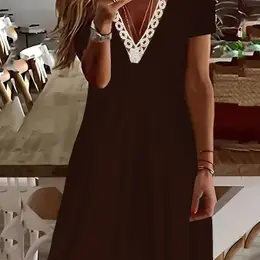 Plus Size Lace Stitching Dress, Casual Short Sleeve V Neck Dress For , Women's Plus Size clothing