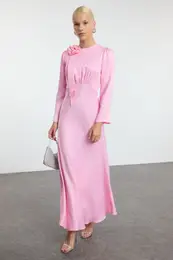Pink Rose Detailed Special Day Woven Satin Evening Dress