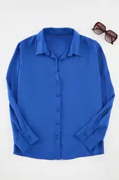 Curve Blue Buttoned Regular Cut Woven Plus Size Shirt