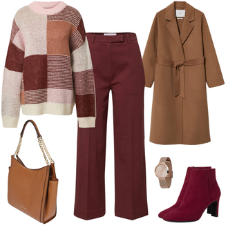 Edel Outfit mit Rot/Dunkelrot/Braun/Bordeaux/Lila Hose Große Größe/Bootcut Pant/Business Hose/Culotte Hose/Anzughose/Ausgestellte Hose/High Waist Hose/Marlenehose/Musselin Hose/Hose mit Schlitz/Weite Hose florence by mills exclusive for about you "Burgundy Businessoutfit"Look: Uni, 70er, Edel, Büro, Old Money, Outdoor, Workwear