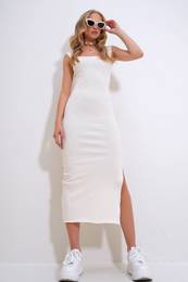 Trend Alaat Stili Women's Vanilla Square Neck Slit Midi Dress