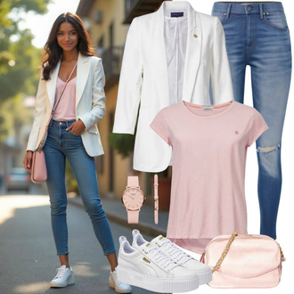 Outfit sa Crna/Pink Kratki top/Otmjena majica/Funkcionalna majica/Ležerna majica/pletena košulja/Muške tenisice za trčanje/Obični top/Majica camaieu "Stilski outfit za proljeće"