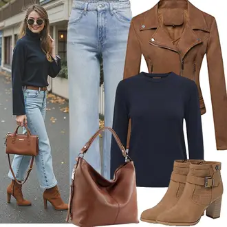 Herbst Outfits Coole mit Braun/Khaki/Dunkelbraun/Grau Herbstjacke/Jacke mit Seitlichem Reißverschluss/Motorradjacke/Kunstlederjacke/Bikerjacke DISSA, Beige/Braun Leder Stiefelette/Gefütterte Stiefelette/Sommerstiefelette QUEEN HELENA "Modisches Frühlingsoutfit"Look: Schön, Goa, Trendige, Rad, Zuhause, Feine, Western, Uni, Moderne, Coole, Französische, Country Styl, Smart Casual