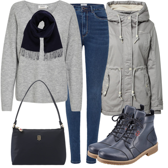 Outfit sa Plava/Tamnoplava/Svjetloplava Gležnjača na Vezanje/Ravna Gležnjača/cipela na vezanje/kožena cipela/sigurna cipela/Podstavljena Gležnjača/Kožna Jakna/Kožna gležnjača Rieker "Zimski outfit"