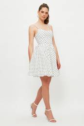 White Polka Dot Skater/Belt Opening Mini Lined Woven Dress