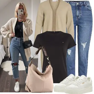 Jeans Outfits Casual mit Blau/Hellblau Girlfriend Jeans/Boyfriend Jean/Knöchelstiefel/Jeans mit Schlitz/High Waist Jeans/Lederjacken/Jeans mit Loch Pieces "Perfekt für die Freizeit"Look: Mom, Trendige, Vintage, Classic, Casual, Schlichte, Overdressed, Boho, Elegant