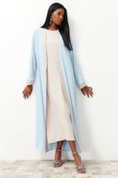 Blue Color Block Long Woven Dressless One Piece Cap & Abaya & Abaya
