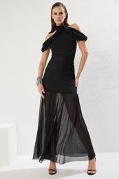 Black Lined Tulle Knitted Elegant Evening Dress