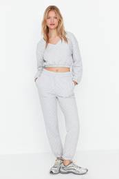 Gray Crop Quilted Knitted Top and Bottom Set