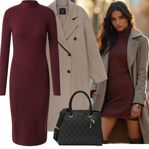 Dunkelrot/Bordeaux/Lila Hochgeschlossenes Kleid/Langes Strickkleid/Langärmliges Winterkleid/Pulloverkleid/Rollkragenkleid/Winter Strickkleid Edited kombinieren