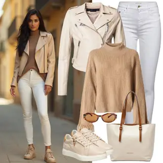 Basic Outfit sa Bež/Smeđa Kožna Jakna/Vintage kožna jakna/Bajkerska Jakna/Kožna Bomber Jakna/Jakna od Umjetne Kože Faina "Slobodno vrijeme Outfit"