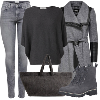 Winter Outfits mit Schwarz/Grau/Dunkelgrau Strick Große/Klassische Tunika/Lederjacke/Oversize Bluse/Tuniken-Shirt/Shirt & Top Große Größe/Tunika/Pullover Mit Fledermausärmel/Kaschmir Pullover JdY "Outfit für den Winter"