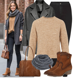 Jeans Outfits Winter met Donkerblauw/grijs/Donkergrijs Lus sjaal/Sjaal Knit Factory "Vrijetijds Look"