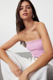 Pink Ribbed Strapless Collar Woven Garnished Fitted Cotton Crop Knitted Blouse