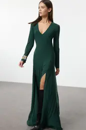 Emerald Green Plain Limited Edition V Neck Skater/Waist Open Stretch Maxi Knit Dress