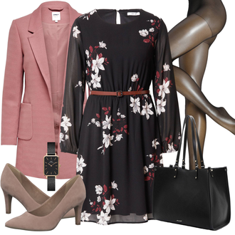 Outfit mit Schwarz/Lila Blusenkleid/Kleid mit Gürtel/Herbstkleid/Langärmliges Winterkleid/Langarm Etuikleid/Bedrucktes Kleid About You "Einzigartiges Freizeit Outfit"