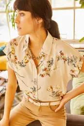 Women's Beige Floral Bat Viscose Shirt