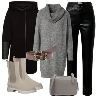Outfit mit Schwarz/Braun/Weiß/Rot Lederhose/Lederimitathose/Vinyl Hose Edited "Winter Outfit"
