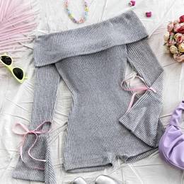 Bow Detail Off Shoulder Romper, Y2k Long Sleeve Skinny Romper Jumpsuit For Spring & Fall, Women's Clothing