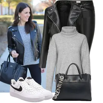 Classic Outfit mit Schwarz/Weiß Jeans mit Schlitz/Thermojeans/Lederjacke/Biker Jeans Only "Praktischer Look"Look: Classic, Extravagante, Schön, Goa, Lack, Wetlook, Nahtlos, 20er Jahre, Sexy