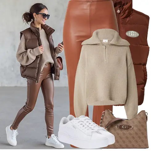 Orange/Braun/Beige Lederhose/Bootcut Pant/Lederimitathose/Leder Schlaghose/Hose mit Schlitz/Vinyl Hose SOAKED IN LUXURY kombinieren