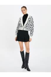 Leopard vzorasti kardigan s kamni in gumbi V-vrat