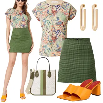 Outfit mit Dunkelgrün/Grün 60er Jahre Rock/70er Minirock/Hahnentritt Rock/Tweed Rock Edited "Schöner Sommer Look"