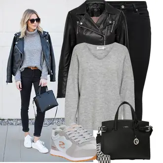 Outfit mit Grau/Weiß/Creme Schnürer/Orthopädischer Schuh/Plateau-Sneaker/Hausschuh Pantoffel/Skateschuh Skechers "Stilvoller Look für die Freizeit"