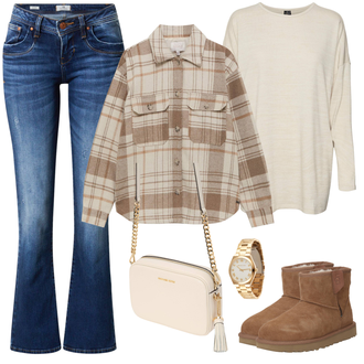 Outfit mit Braun/Beige Lammfell Stiefel/Lammfell WinterStiefel/Wattierte Stiefel/Gefütterte Stiefelette/Klassischer Stiefel/Winter Stiefelette/Winterschuh/Flache Stiefelette UGG "Trendiger Herbstlook"