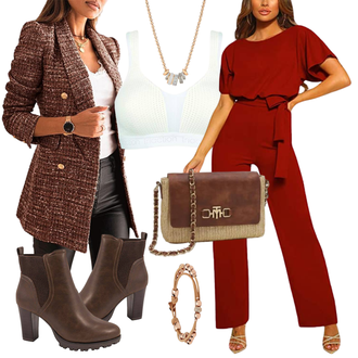 Festlische outfits Herbst mit Dunkelrot/Orange/Braun Zweireiher Blazer/Boucle Blazer/Tweed Blazer "Wunderschönes Outfit mit festlichem Hosenanzug"