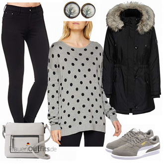 Outfit mit Schwarz/Dunkelblau Kurzmantel/Kapuzenmantel/Mantel mit Reißverschluss/Mantel mit Fellkragen/Wintermantel/Parka Only "Mandy"