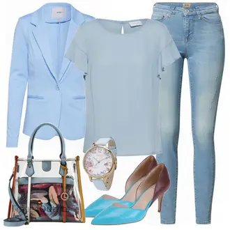 Outfit mit Blau/Hellblau/Braun Lederjacke/High Waist Jeans/Jeans mit Schlitz/Push up Jeans/Schlupfjeans/Leder Schuhe/Herren Lederjacke Only "Business Look für Damen"