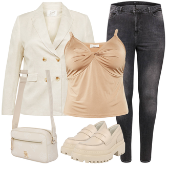 Jeans Outfits mit Creme/Beige/Weiß/Khaki Mantel/Anzug Lederjacke/Zweireiher Blazer guido maria kretschmer curvy "Stilvoller Look für die Freizeit"