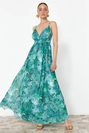 Multicolored A-Line Floral Woven Chiffon Long Evening Dress