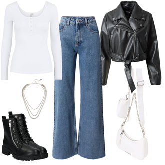 Mit Gürtel Outfit mit Schwarz Mantel/Bikerjacke/Crop Jacke/Kurzjacke/KunstLederjacke/Leder Bomberjacke/Lederjacke monki "Cooles Alltagsoutfit"