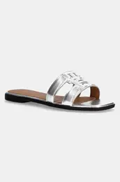 Usnjeni natikai TH LOGO STRAP METALLIC MULE enski, srebrna barva, FW0FW08676